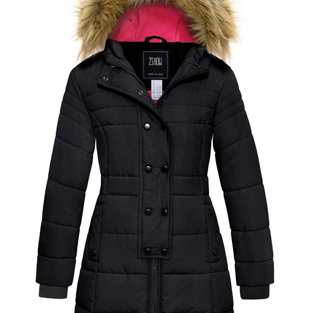 Puffer Coat Padded Winter Jacket Warm Hooded Long Puffer Jacket Black 14/16